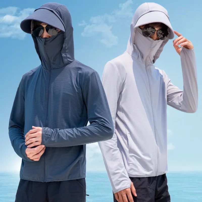 Summer Sunscreen Hoodie Tops Tees Outdoor Face-covering Fishing Hooded Thin Ice Silk Breathable UPF 50+ Men's UV Sun Protection