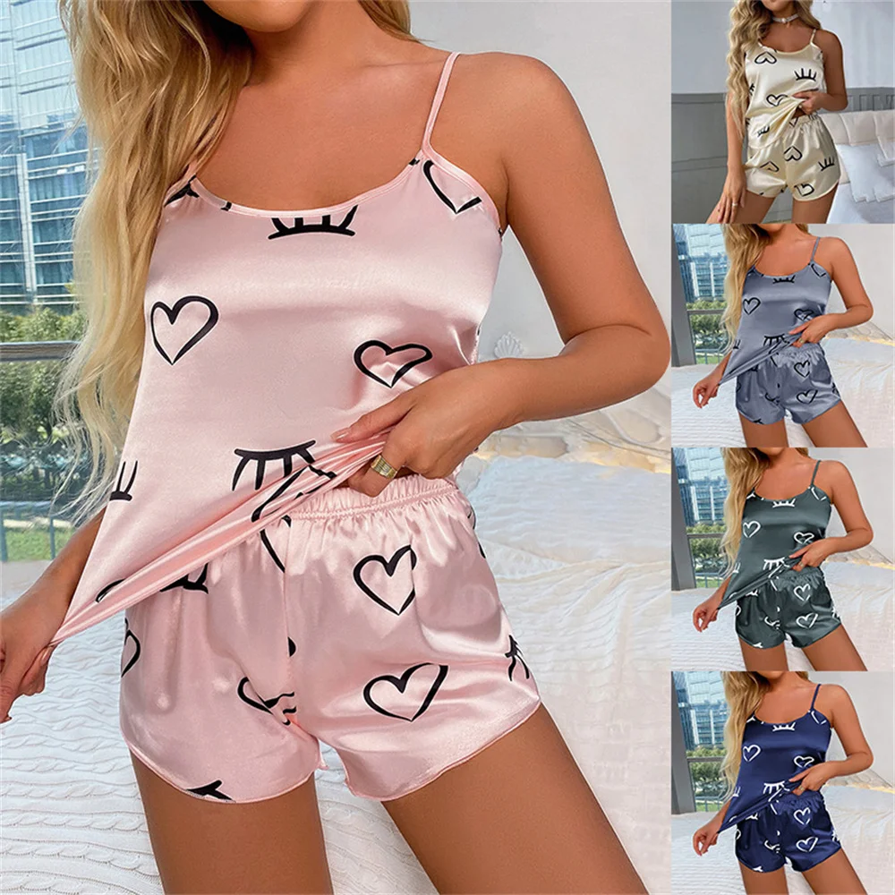 Sexy Heart Print Pama Set Women's 2 Pieces Sleepwear Pyjamas Silk Satin new Cami Top And Shorts Pamas 2025 Summer Pamas Set