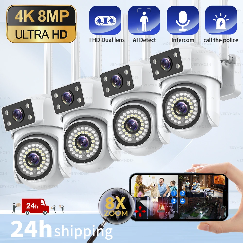 8MP 4K PTZ Wifi Camera 1/4PCS Dual Len Human Detect Auto Tracking Outdoor Surveillance Camera Waterproof Security Night Vision
