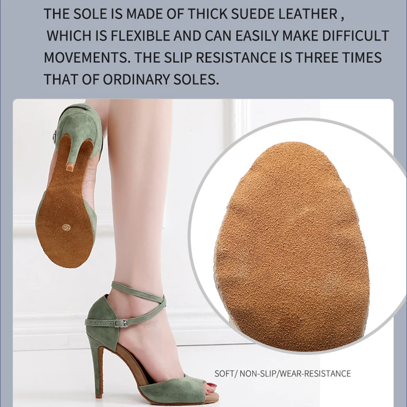Woman Latin Ballroom Green Modern Dance Shoes Suede Rubber Sole Jazz salsa Cuban Slim Heels Ladies Open Toes Leather Stiletto