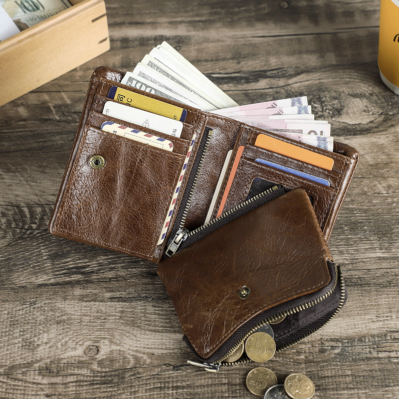 CONTATC'S New Short Wallet Men Genuine Leather RFID Bifold Wallet with Credit Card Holder Luxury Zipper Male Coin Purse Small