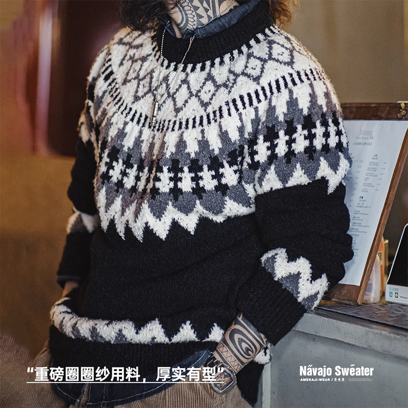 Maden Vintage Heavyweight Icelandic Sweater Round Neck Fair Isle Jacquard Knit Pullover 2023 Autumn Winter Men's Black Jumper