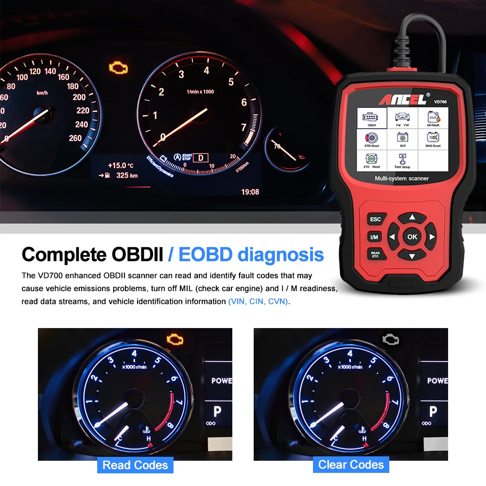Ancel VD700 OBD 2025 Code Reader OBD2 All System Diagnostic new Tool Airbag ABS Oil TPMS TPMS Reset Auto Automotive Scanner