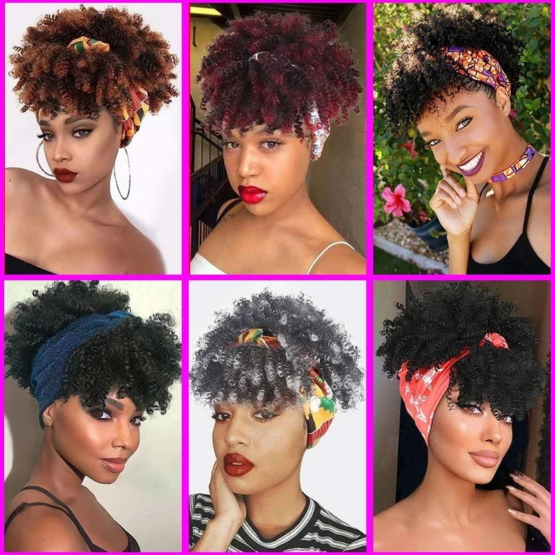 Short Kinky Curly Headband Wigs Afro Puff Curly Headband Wig For Women Natural Synthetic Turban Wrap Wig Cosplay Daily Use