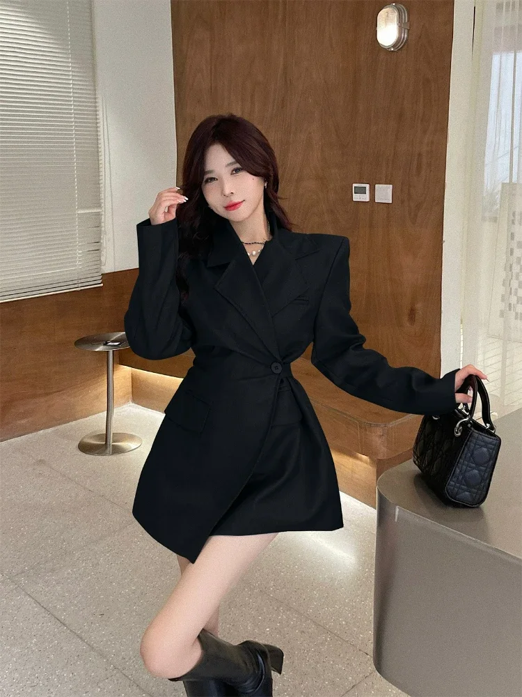 UNXX Korea Chic Temperament 2025 Black Blazer Women Autumn 2022 New Loose Single Breasted Irregular new Long Sleeve Suit Jacket Coats