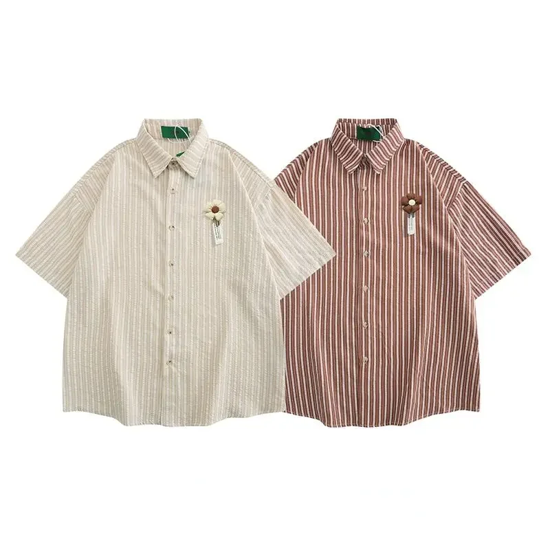 HK Style new Vintage Flower Striped Short 2025 Sleeve Shirt Men Loose Couple Casual Shirts for Summer