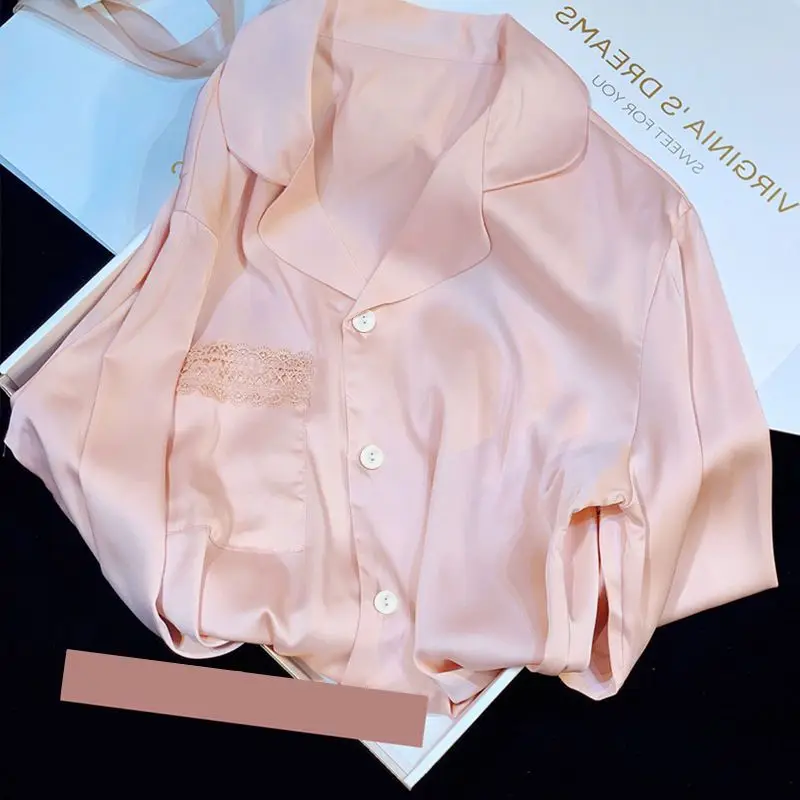 Pieces Elegant Women's 2 Pamas Sets Faux Silk Lace Splicing Loungewear Femal Spring Autumn Causal Comfortable Home Clothing smile