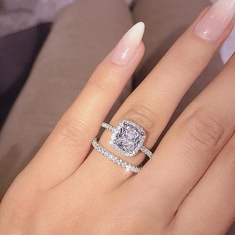 2pcs Luxury Geometric Big Clear AAA CZ Cubic Zirconia Decor Silver Color Ring For Women Multipack Wedding Jewelry Gift