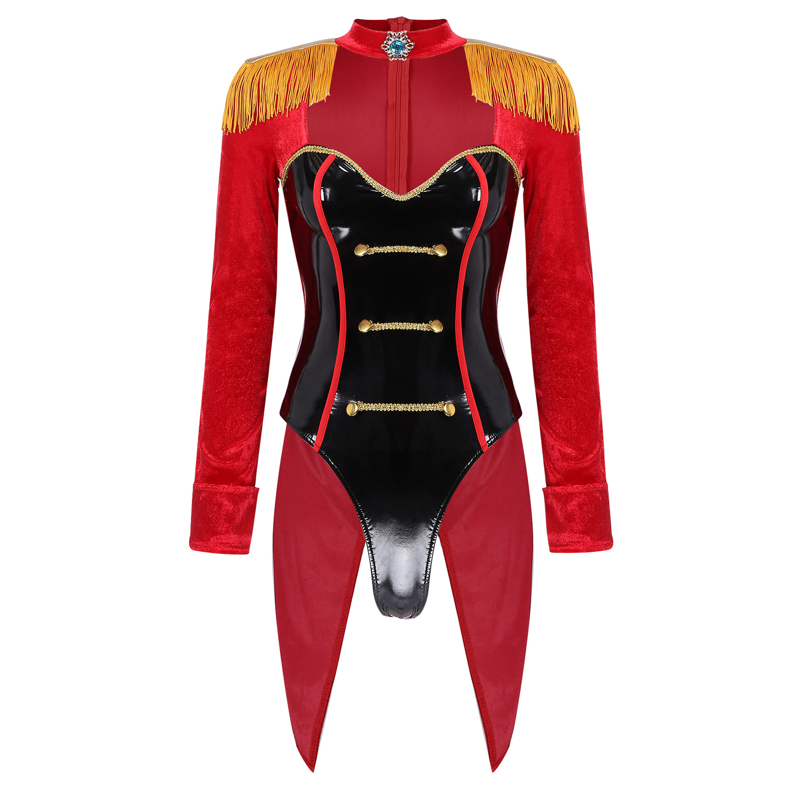 Women Halloween Circus Ringmaster Cosplay Costume Tassel Long Sleeve Bodysuit Swallow-Tailed Catsuit for Party Stage Performance