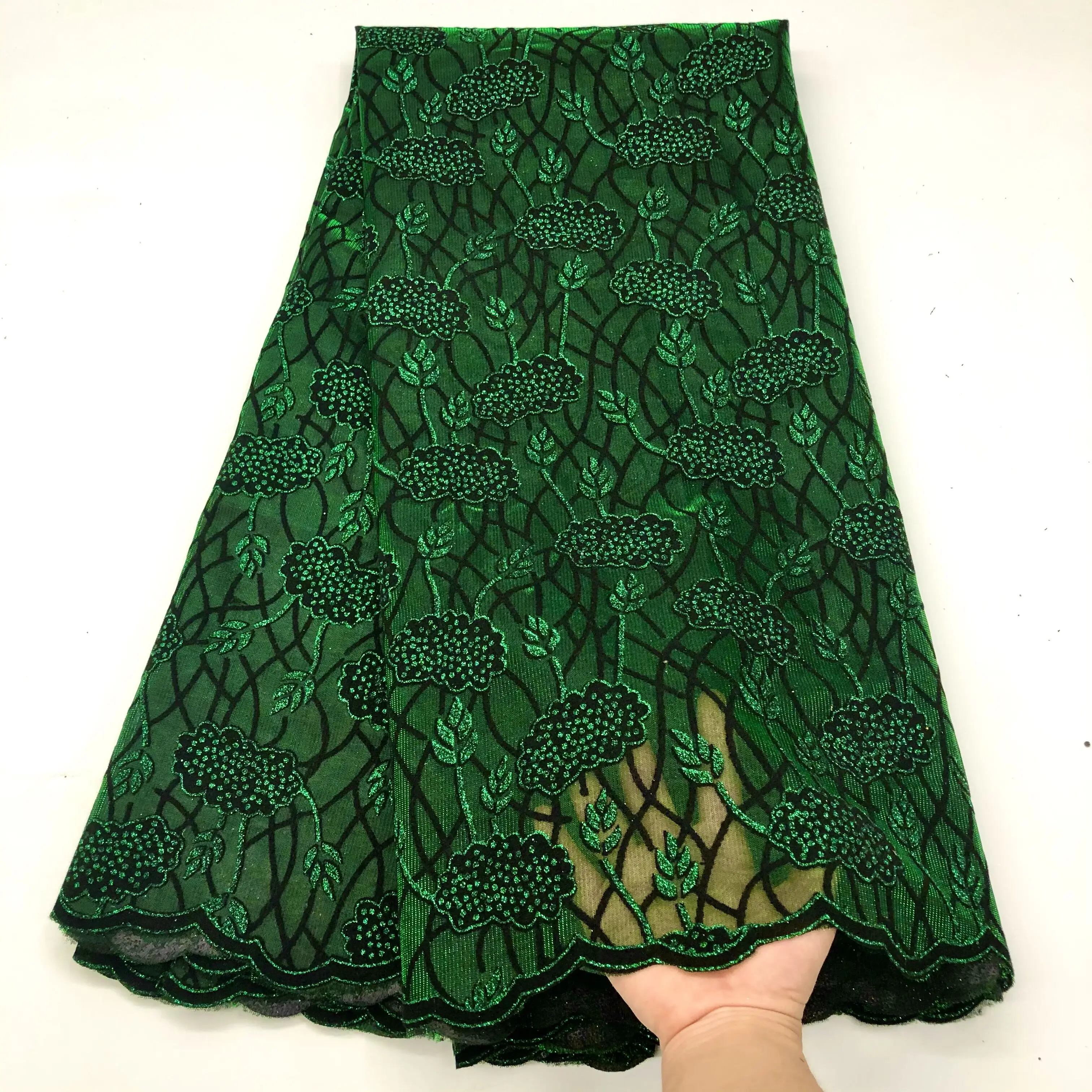 Green African Velvet Lace Fabric 2022 High Quality Flocking Velvet Lace Material French Lace Fabric For Wedding Sewing