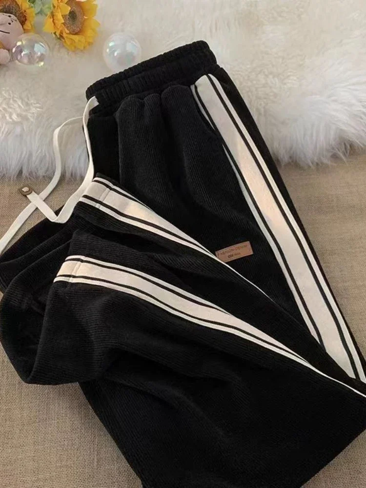 HOUZHOU Vintage Corduroy Sweatpants Baggy Women Harajuku Wide Leg Trousers Korean Streetwear Female Casual Straight Winter Pants