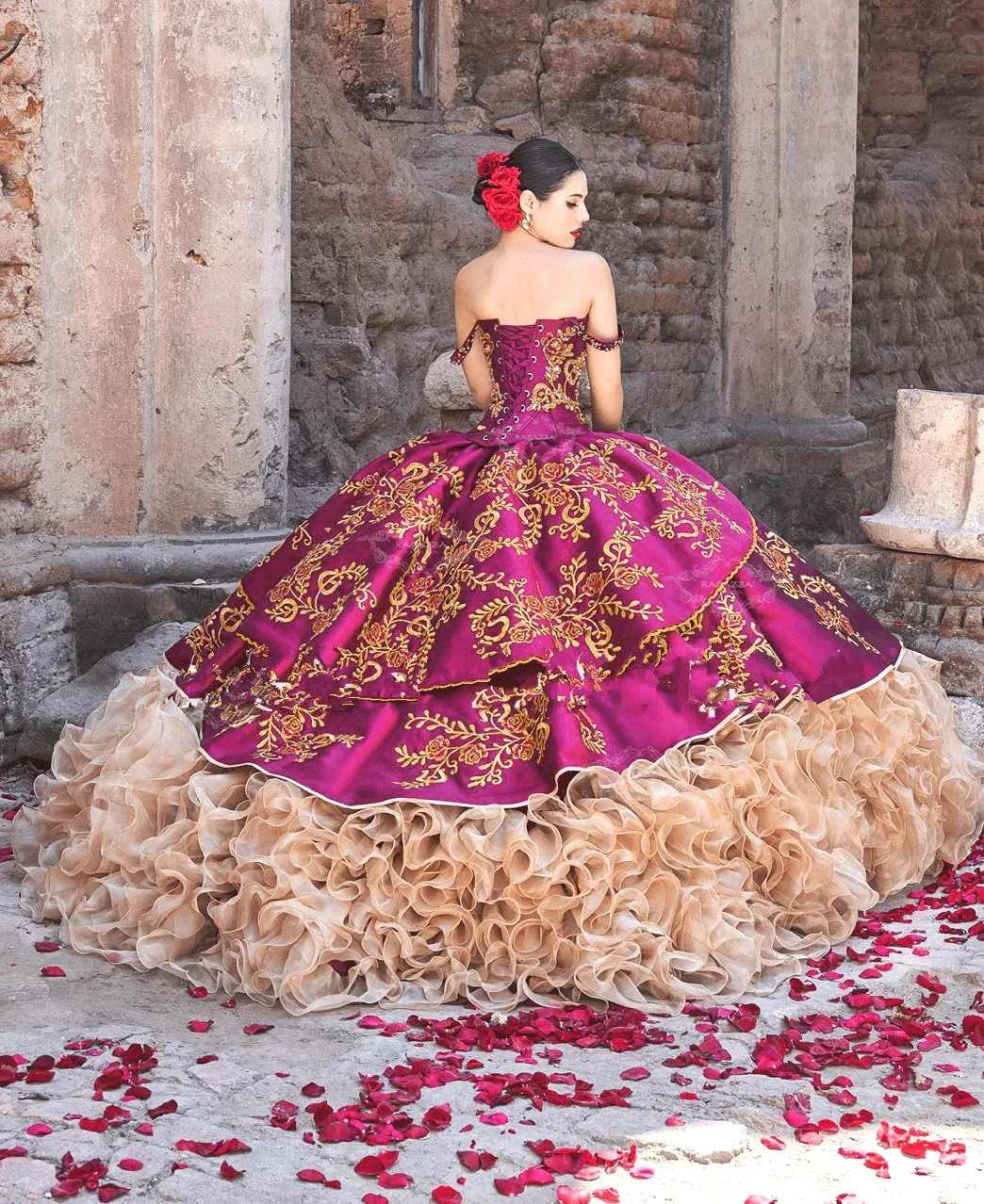 Fuchsia Gold Charro Quinceanera Dresses Ball Gown new Off The Shoulder Appliques 2025 Mexican Sweet 16 Dresses 15 Anos
