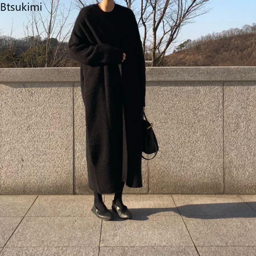 2024 Women's Thick Warm Long Sweater Coat Carfigans Solid Loose Knitted Cardigan Jacket Female Korean Versatile Sweaters Female
