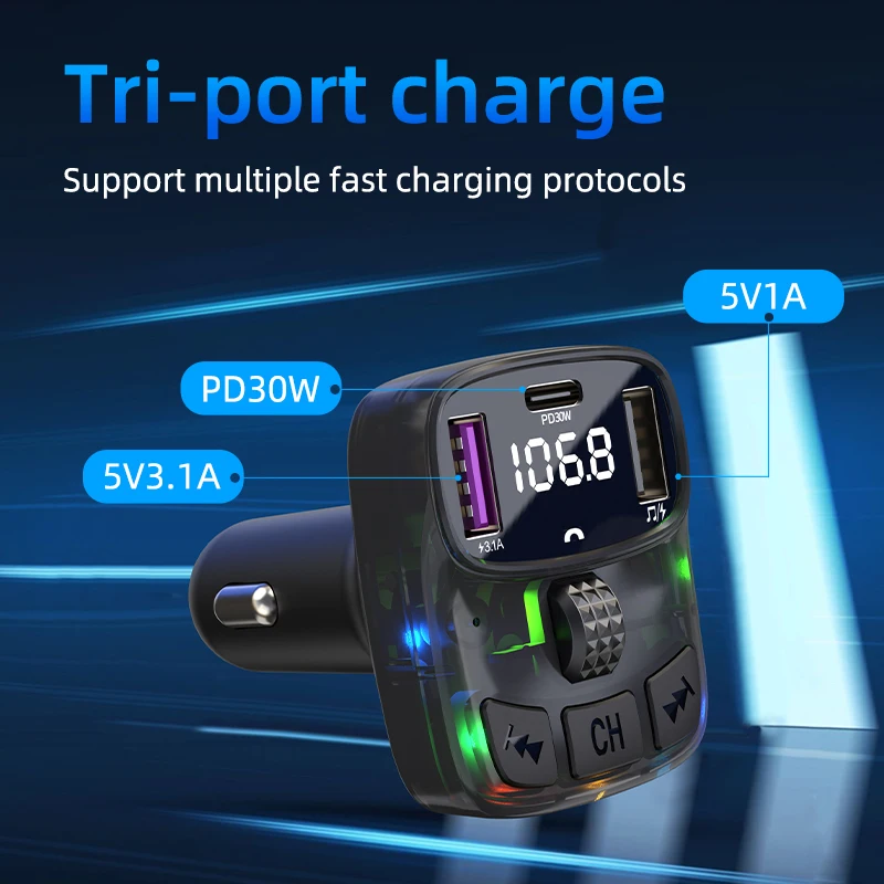 Bluetooth 5.3 Car FM Transmitter PD 30W Dual USB 3.1A Type-C Car Charger Handsfree new Car Kit Mp3 2025 Player Autoradio