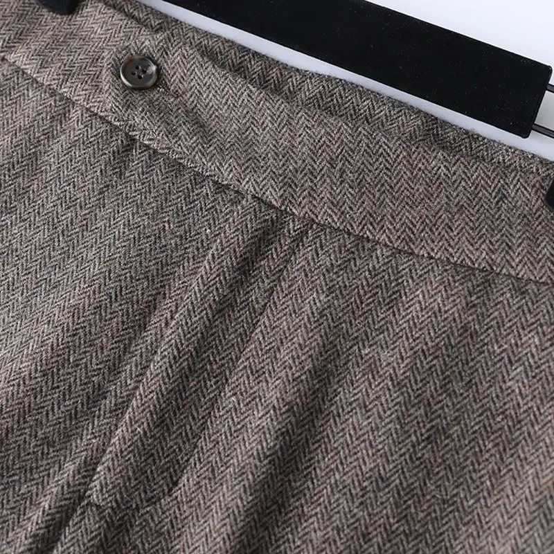 2023 Autumn Winter Women Retro Tweed Wide-leg Pants Female Loose Straight Trousers Ladies High Waist Casual Woolen Pants F66