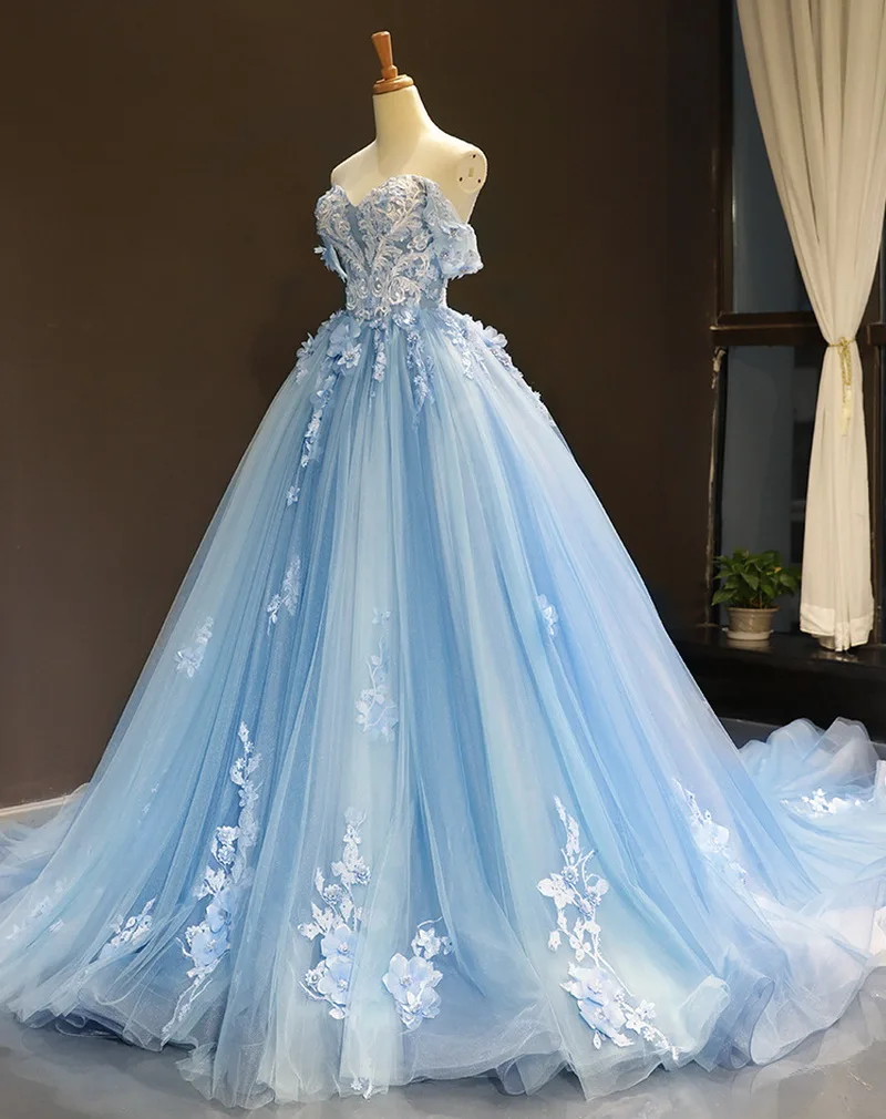 Light Blue Modest Quinceanera Dresses Ball Gown Sweetheart Off The Shoulder Lace Appliqued 3D Flowers Sweet 16 Dresses Prom Gown