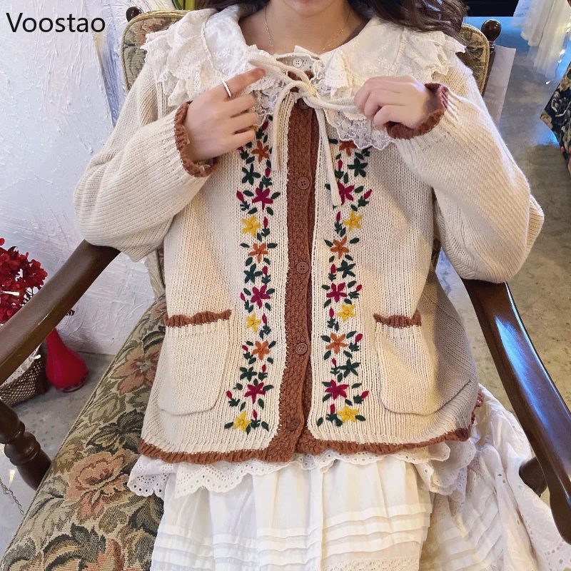 Vintage Cute Knitted Cardigan Women Elegant Sweet Flower Embroidery Jacquard Sweater Jackets Female Casual Long Sleeve Knit Coat