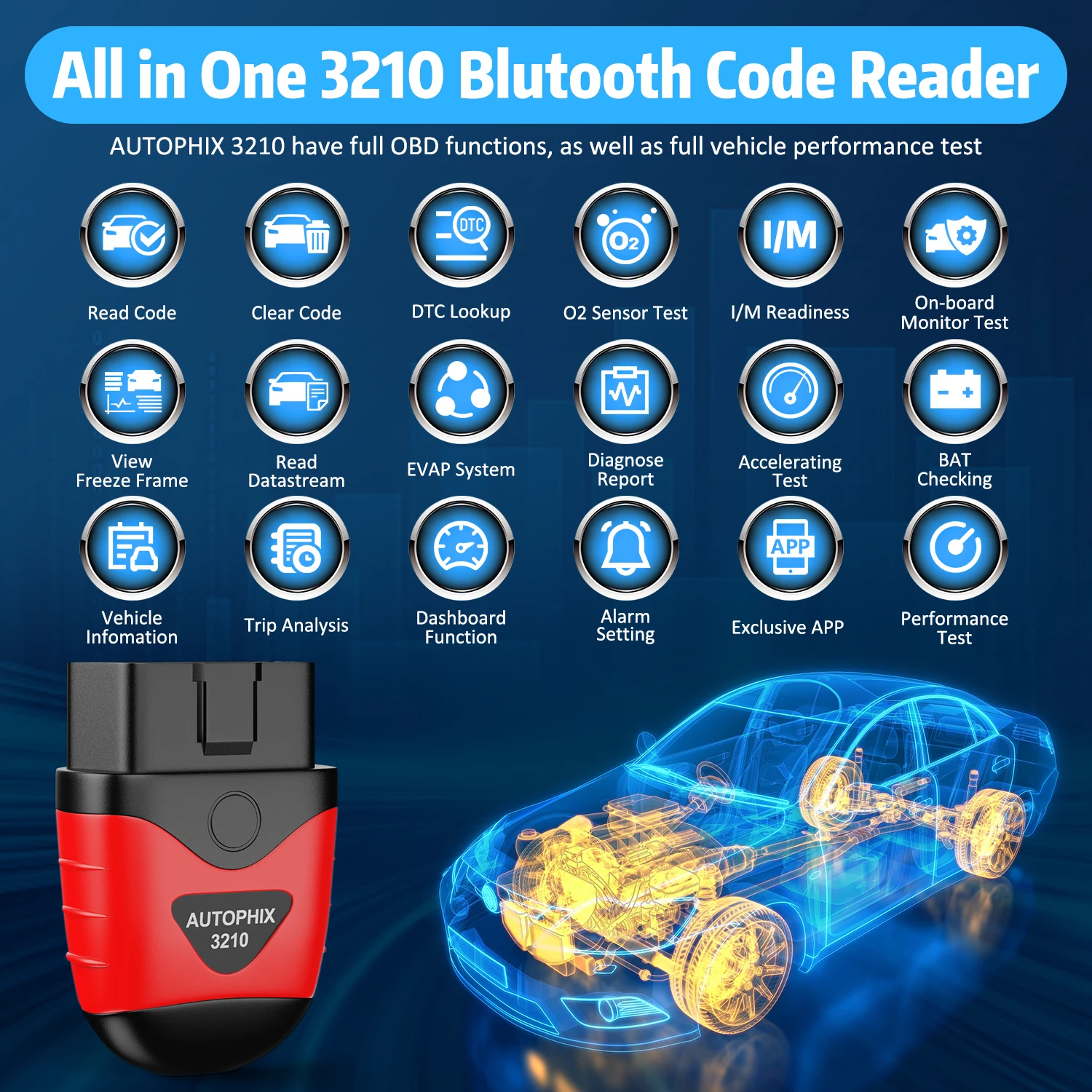 AUTOPHIX 3210 Car Bluetooth OBD2 Scanner Code Reader Auto Professional OBD 2 Diagnostic Scan Tools Battery Test Alarm Setting