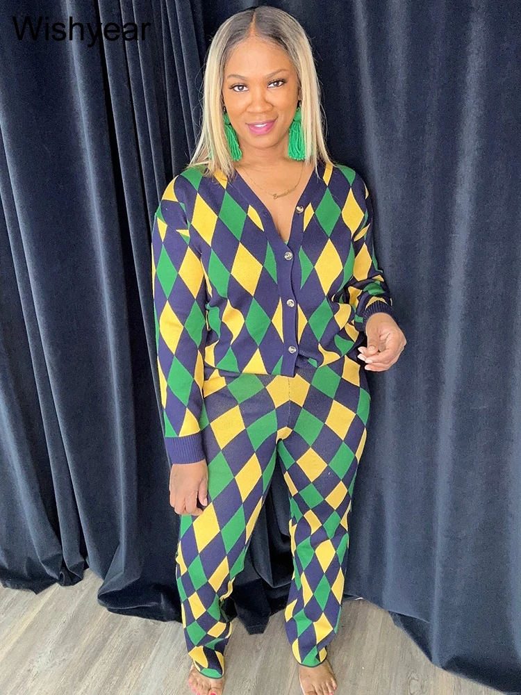 Casual Colorful Rhombic Lattice Knitted Long Sleeve Sweaters Tops and Wide Leg Pants 2 Piece Set Women Birthday Street Outfits