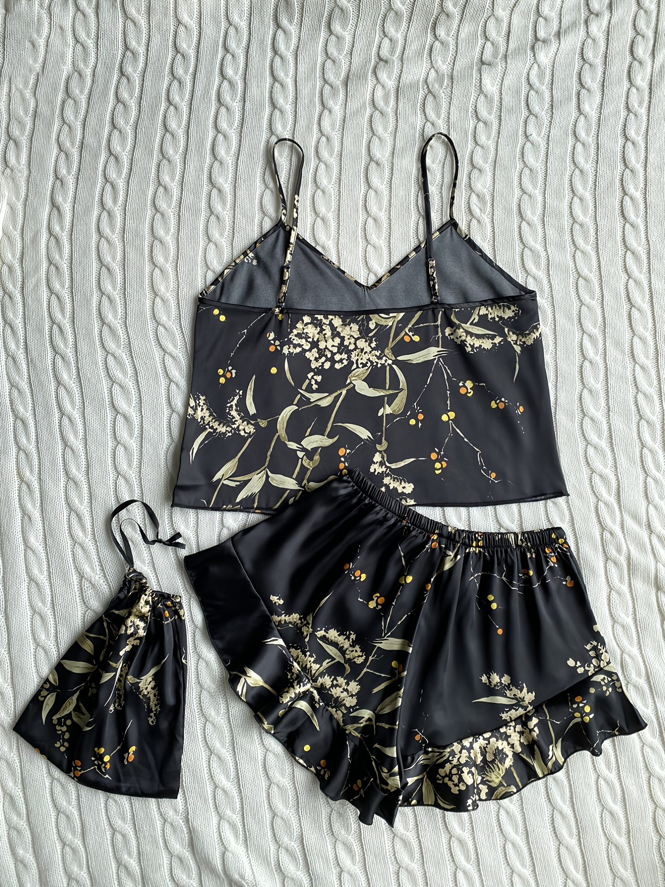 Elegant Floral Print Cami Tops Ruffle Hem Shorts Pajama Set Women's Sleepwear Loungewear
