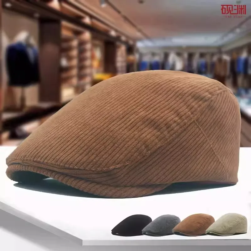 Autumn Corduroy Beret Hat for Men Sun Hats Solid Color Berets Vintage Newsboy Caps Flat Ivy Casquette Adjustable Cabbie Hat