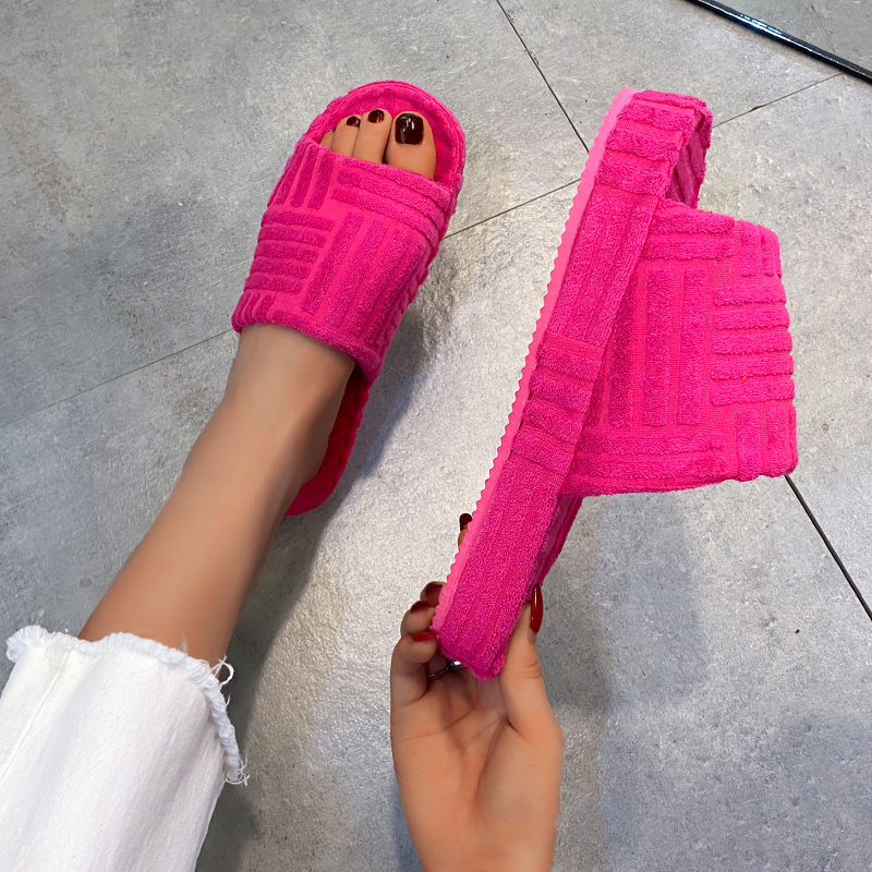 2022 Women New Luxury One-word Thick-soled Warm Furry Women's Shoes Embossed Cotton Drag Outdoor All-match Casual Slippers