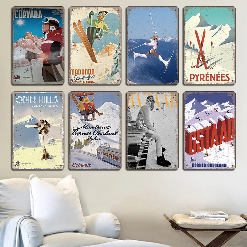 Sports Vintage Poster Skiing Metal Plaque Signs Alpine Skiing Beauty Metal Tin Plate Retro Wall Decor for Ski Club Bar Pub Home smile