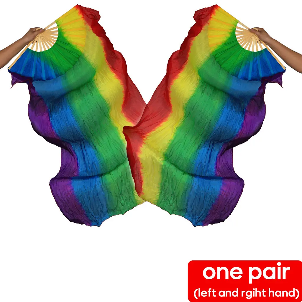 Belly Dance Rainbow Color Silk Fan 1 Pair Gradient Color Dancer Practice Long 120cm 150cm 180cm Real Silk Veil Fans