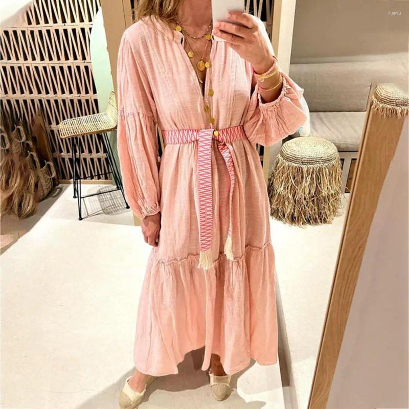 Casual Dresses Spring Soft Dress Pleated Detail Bohemian Beach Maxi With V-neck Bubble Sleeves Womens Loose Patchwork A-line