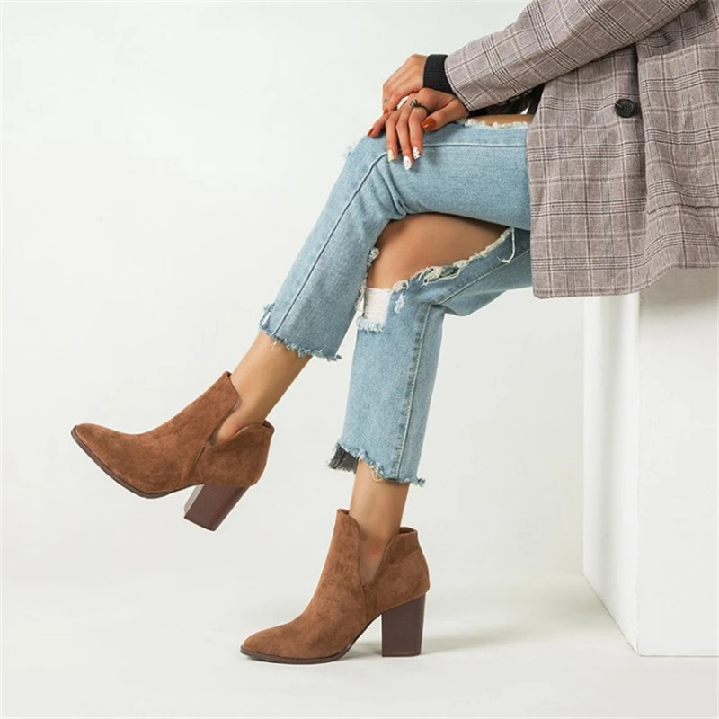 JIANBUDAN High heel Short boots New Women's Fall Round Heels Ankle boots Suede comfortable fashionable Chelsea boots 36-43 size