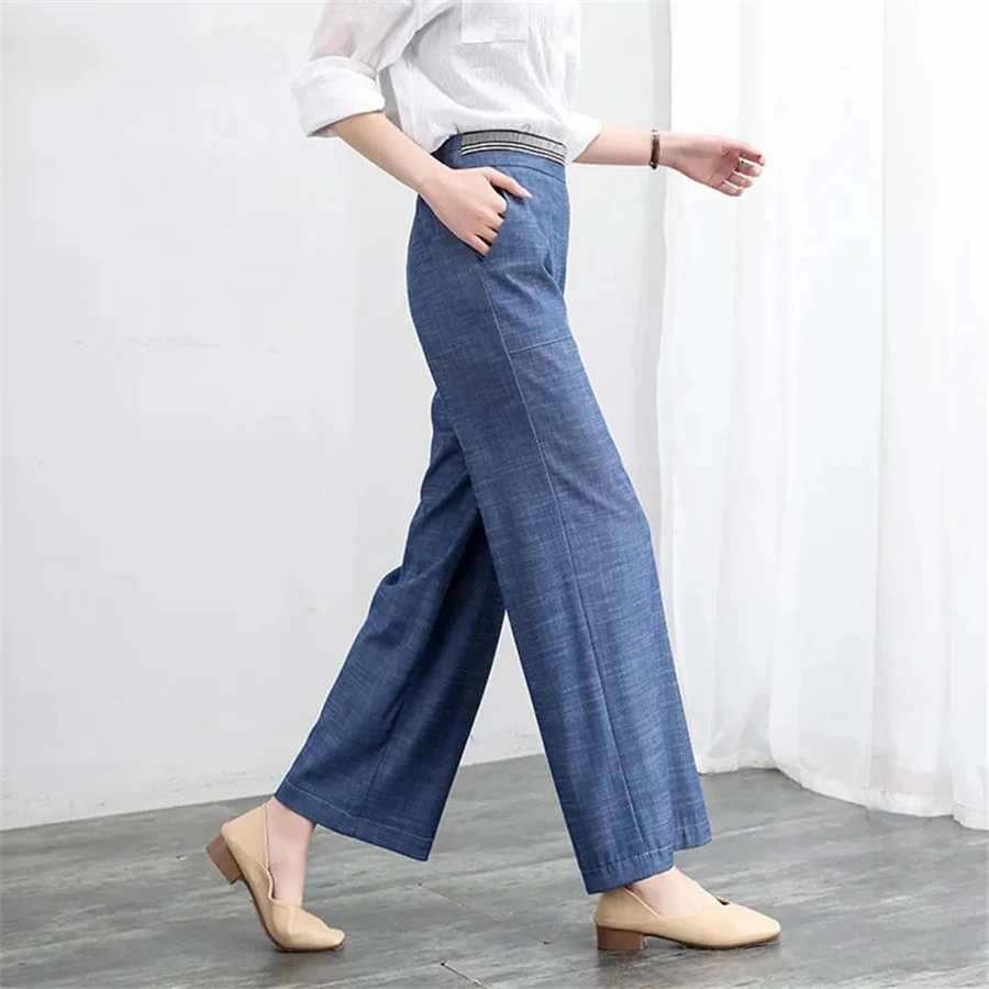 Blue Elastic High Waist Thin Baggy Jeans Women Wide Leg Trousers Ankle length Denim Pants Casual xl Pantalones Korean Vaqueros