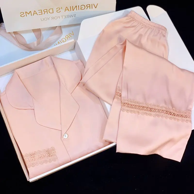 Pieces Elegant Women's 2 Pamas Sets Faux Silk Lace Splicing Loungewear Femal Spring Autumn Causal Comfortable Home Clothing smile