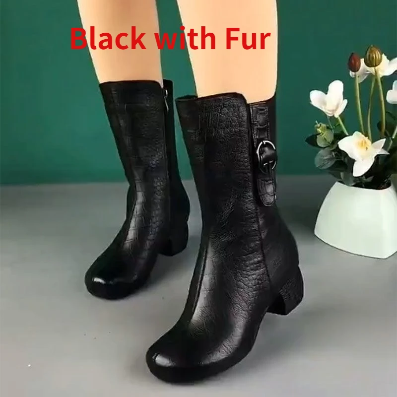 for Cowboy Women High-top Faux Leather Winter Shoes Retro Womens Boots Heeled Ankle Boot Western Warm Plush Botas De Mujer 3862 s