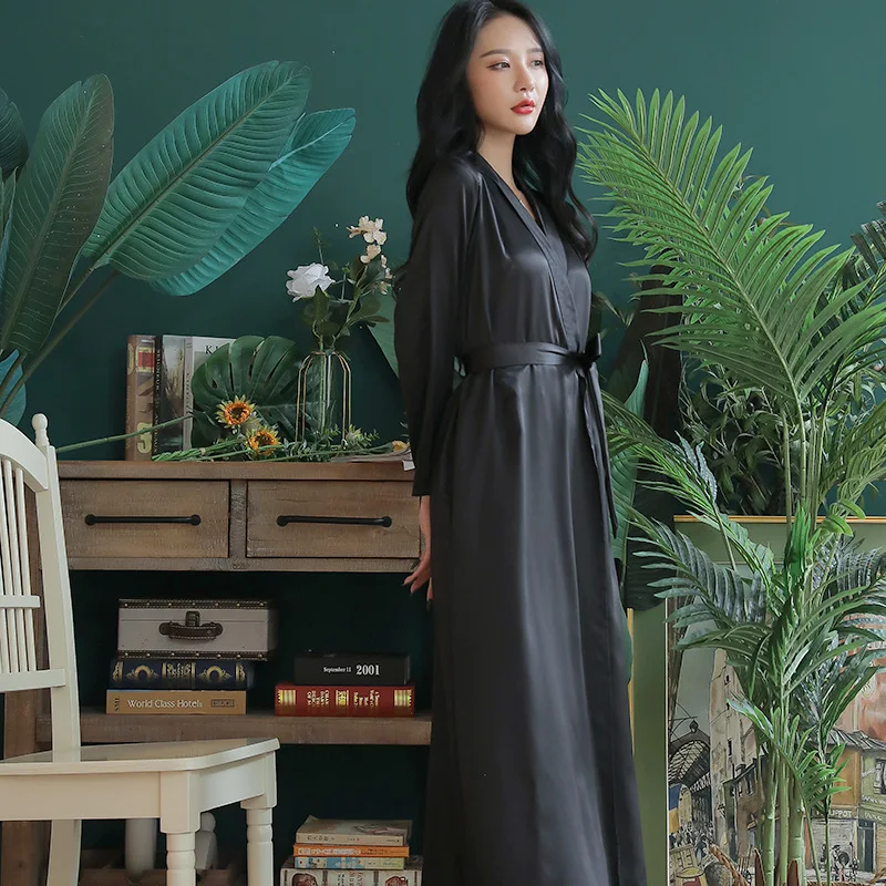 Female Home Dressing Gown Ultra Long Kimono new Bathrobe Gown 2025 Solid Satin Homewear Women Sexy Sleepwear Bath Gown Loungewear