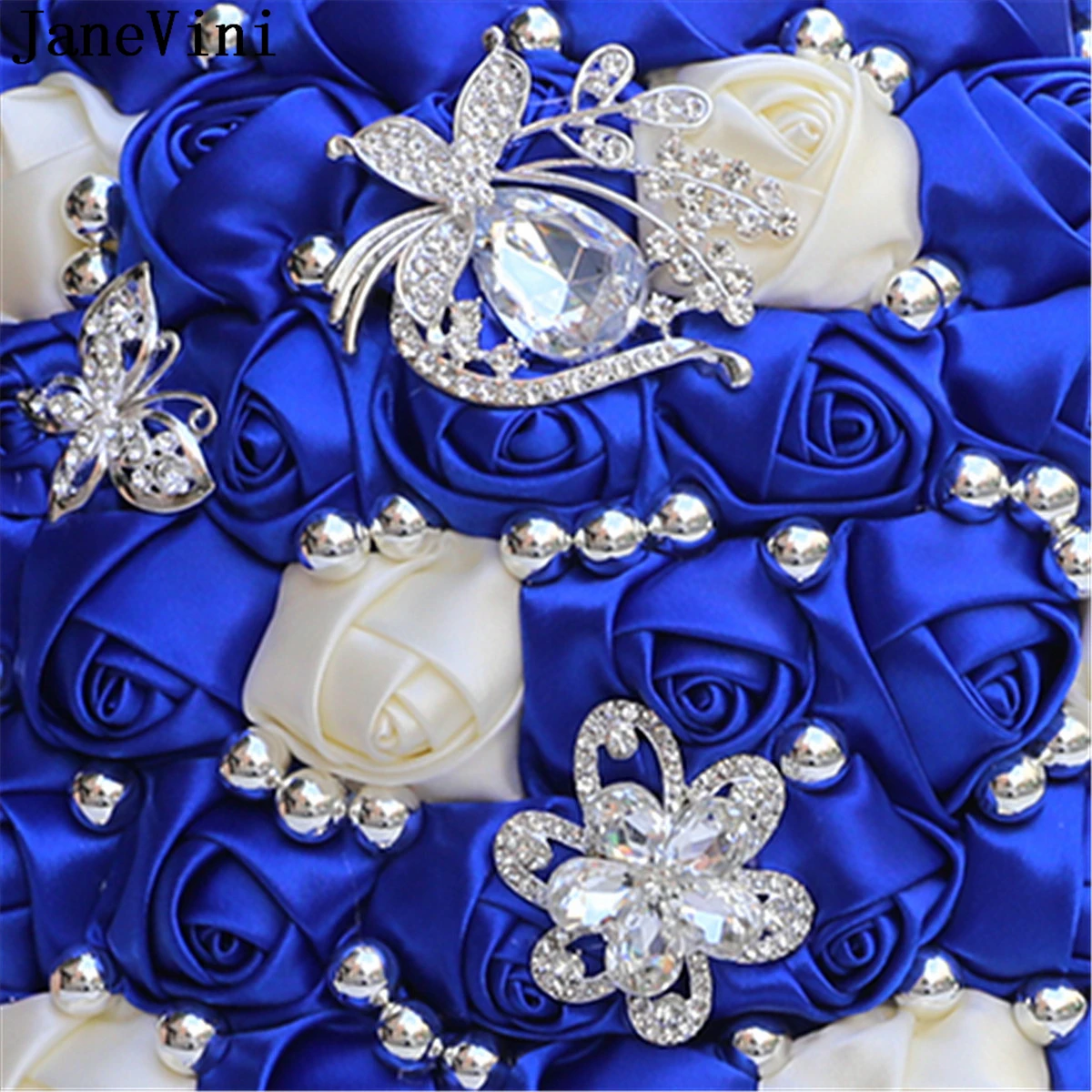 JaneVini Royal Blue Cascading Wedding Bouquets with Silver Crystal Jewelry Handmade Beaded Satin Rose Waterfall Bridal Flowers