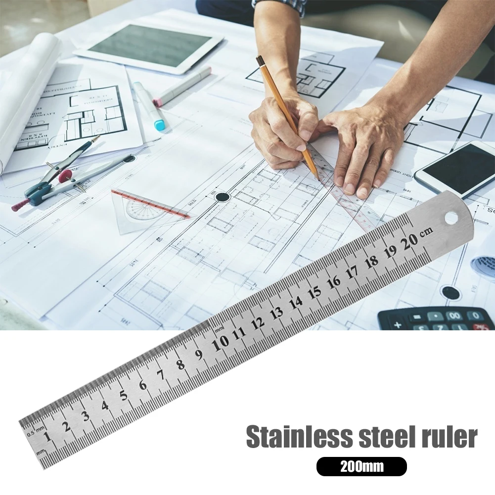 Double Sided Measuring Ruler Metal Scale Office Stationery Drafting Supplies