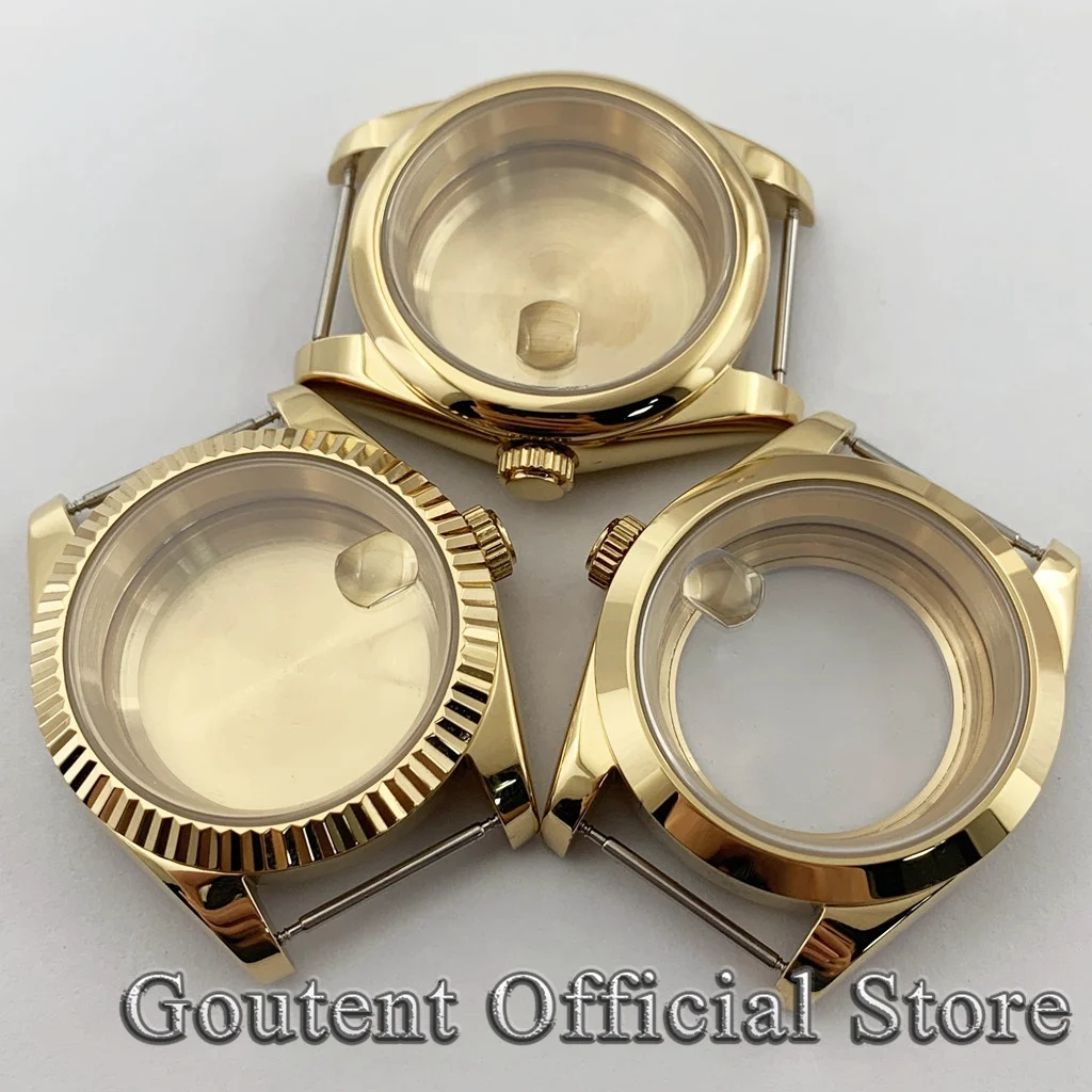 Goutent Men's Gold Sapphire Glass Watch Case 36mm 39mm Fit PT5000 NH34 NH35 NH36 ETA 2824 ST2130 Movement smile