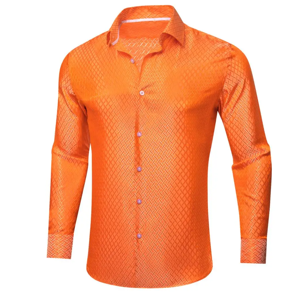 Silk new Shirts for Men Satin Orange Solid Long Sleeve Slim Fit Male Blouse Casual Formal 2025 Tops Breathable Barry Wang