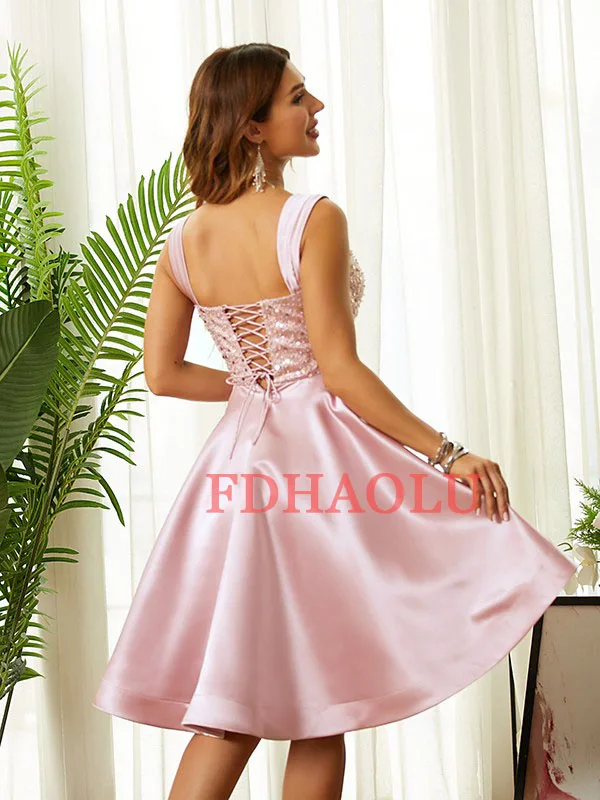 Blush Pink Satin Homecoming Dresses Spaghetti Sweetheart Sequins Pageant Party Short Prom Girls' Wear Vestidos De Fiesta Cortos