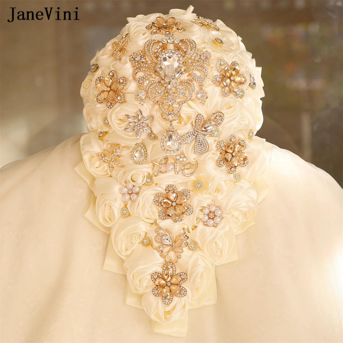 JaneVini new Rhinestones Waterfall Bridal Bouquets Artificial Ivory Satin Roses Flowers Cascading Wedding 2025 Bouquet Accessories