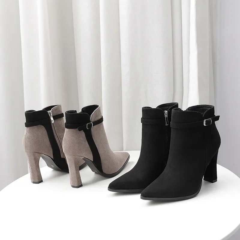 Women Ankle Boots 2023 Autumn/Winter European American New Pointed Thin Heel Short Boot Suede Panel Fashionable High Heel shoes