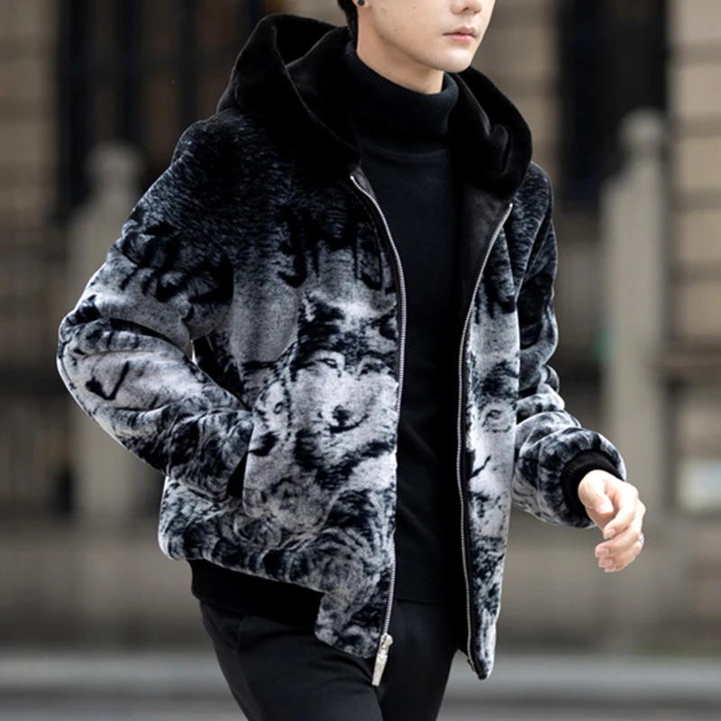 Autumn and Winter New Faux Fur Coat Men's Canary Velvet Coat Long Cap Large Male Print Contrast Color Coat Men Jacket V110