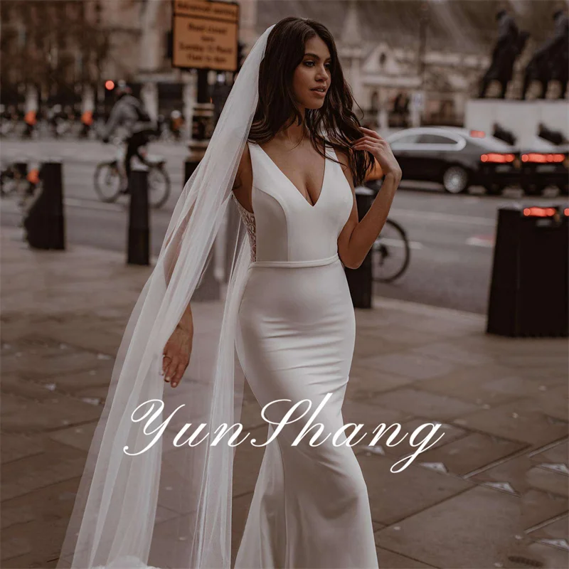 Yunshang Elegant Mermaid Wedding Dresses Women V-Neck Lace Open Back Spaghetti Straps Bridal Gown Sweep Train Vestidos De Novia