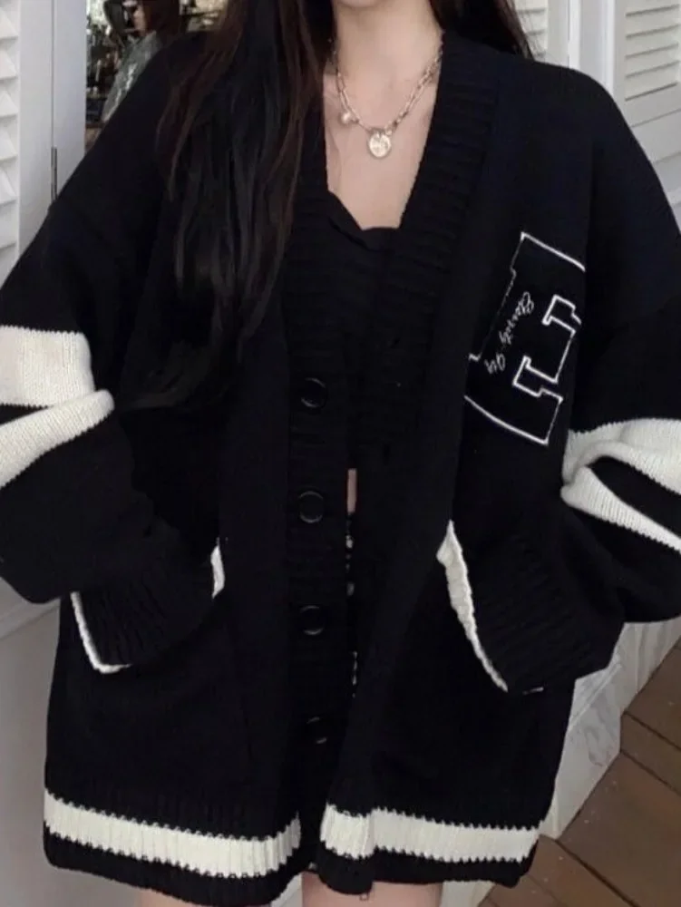 Deeptown Korean School Student Black Baggy Cardigan Women Preppy Style Oversized Loose Letter Embroidery Knitted Top 2023 Autumn