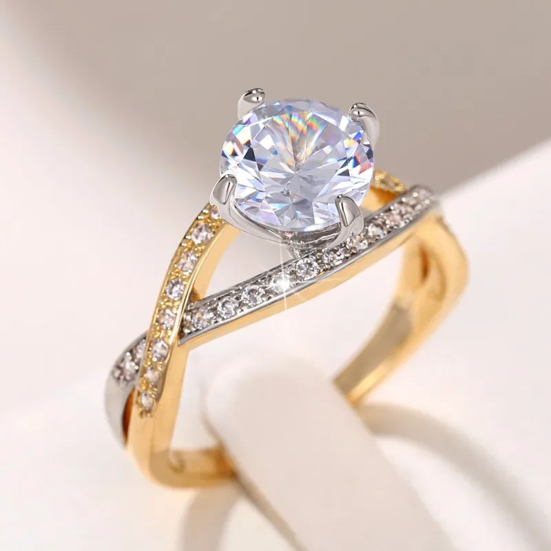 Huitan Cross Rings Claws Setting Cubic Zirconia for Women Trendy Wedding Band Accessories Two Tone Chic Jewelry