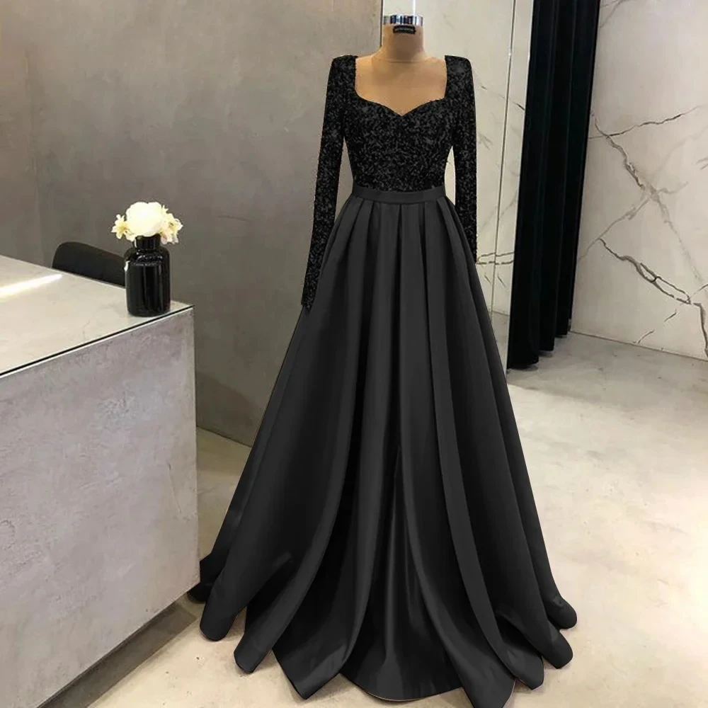 Elegant Muslim Sequin Evening Night Dresses for Women 2024 Long Sleeves Sweetheart Aline Satin Wedding Prom Formal Party Gowns