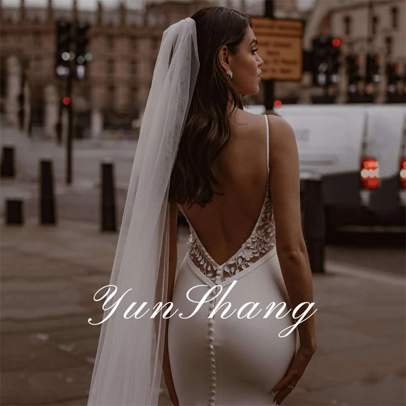Yunshang Elegant Mermaid Wedding Dresses Women V-Neck Lace Open Back Spaghetti Straps Bridal Gown Sweep Train Vestidos De Novia