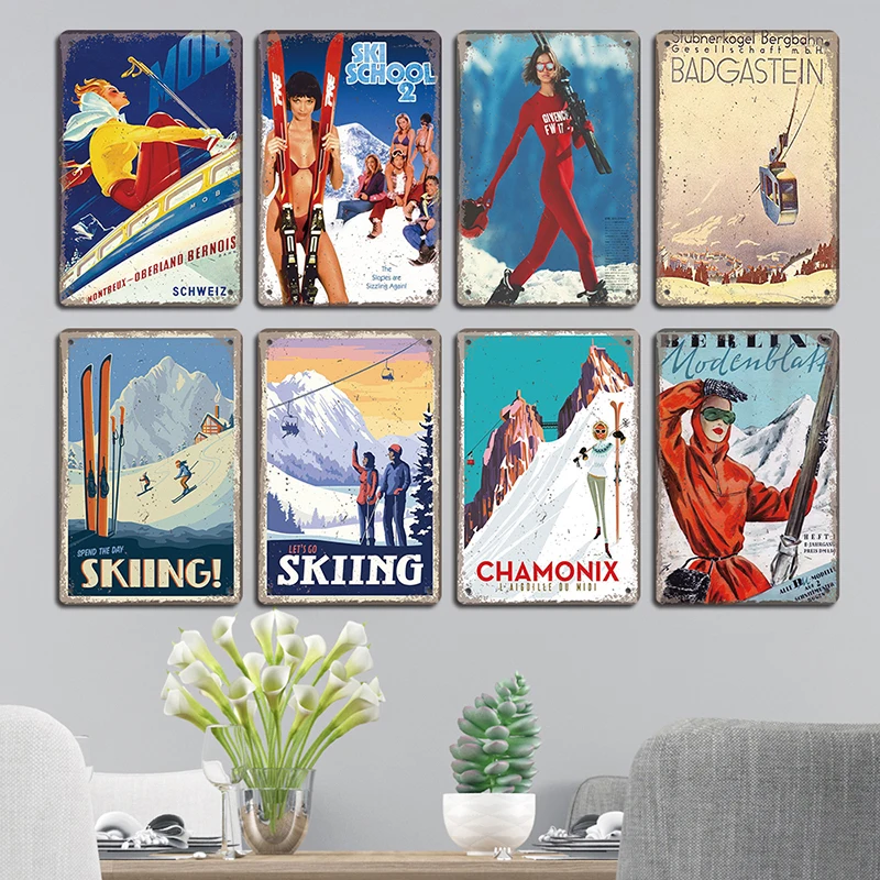 Sports Vintage Poster Skiing Metal Plaque Signs Alpine Skiing Beauty Metal Tin Plate Retro Wall Decor for Ski Club Bar Pub Home smile