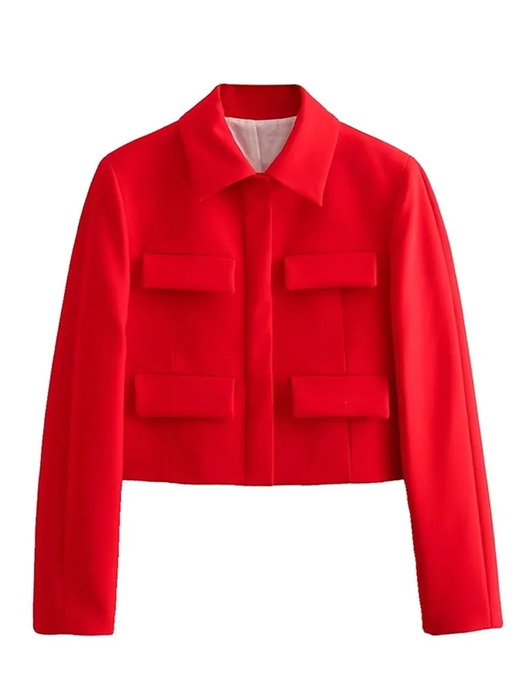 Elegant Lapel Women Pocket Red Jacket Long Sleeve Single-breasted Short Coat 2023 Autumn Winter Office Lady Commuter Tops smile