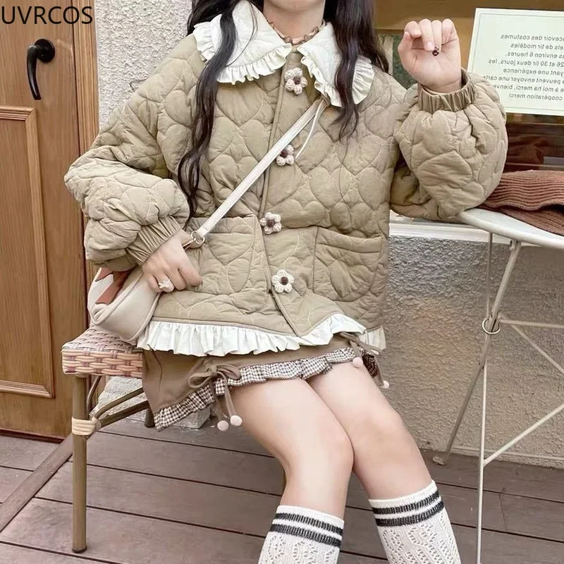 Korean new Style Cute 2025 Loose Warm Winter Jacket Women Chic Ruffle Neck Sweet Parkas Overcoat Japanese Haruku Kawai Padded Coat 2023